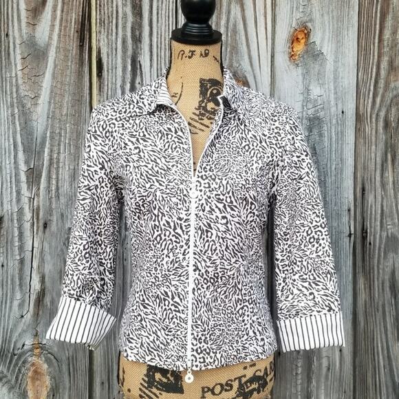 Zip Up Shacket Mixed Animal Print Crop Sleeve Jacket Joseph Ribkoff Size 8 Brown - Picture 1 of 9